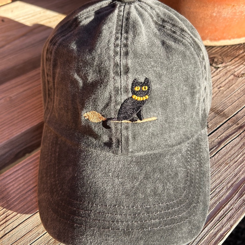 Halloween Gray Cat Broom Design Cap NWT